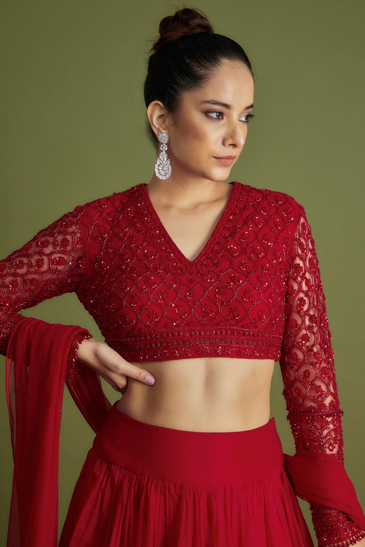 Pouli Pret Lehenga Set With Embroidered Blouse | Red, Resham, Georgette,  Deep V Neck, Long Sleeves | Blouses for women, Aza fashion, Embroidered  blouse